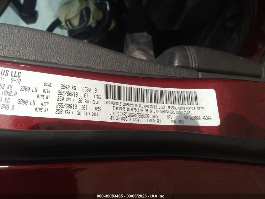 VIN 1C4RDJAG0KC558686 2019 DODGE DURANGO SXT