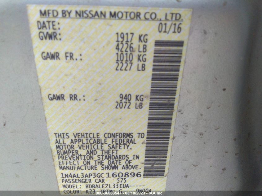 2016 NISSAN ALTIMA 2.5 - 1N4AL3AP3GC160896