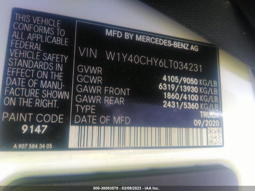 2020 MERCEDES-BENZ SPRINTER CARGO VAN - W1Y40CHY6LT034231