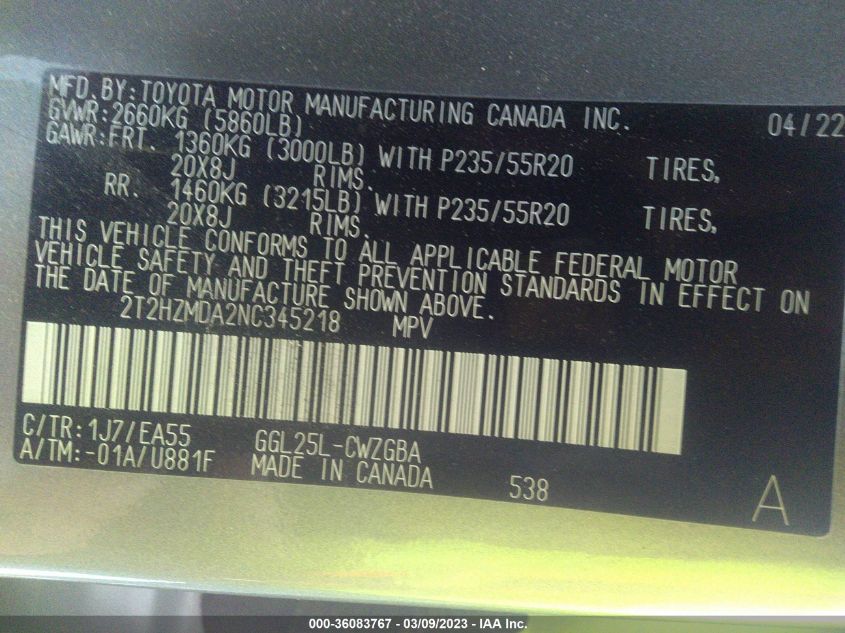 2022 LEXUS RX RX 350 - 2T2HZMDA2NC345218