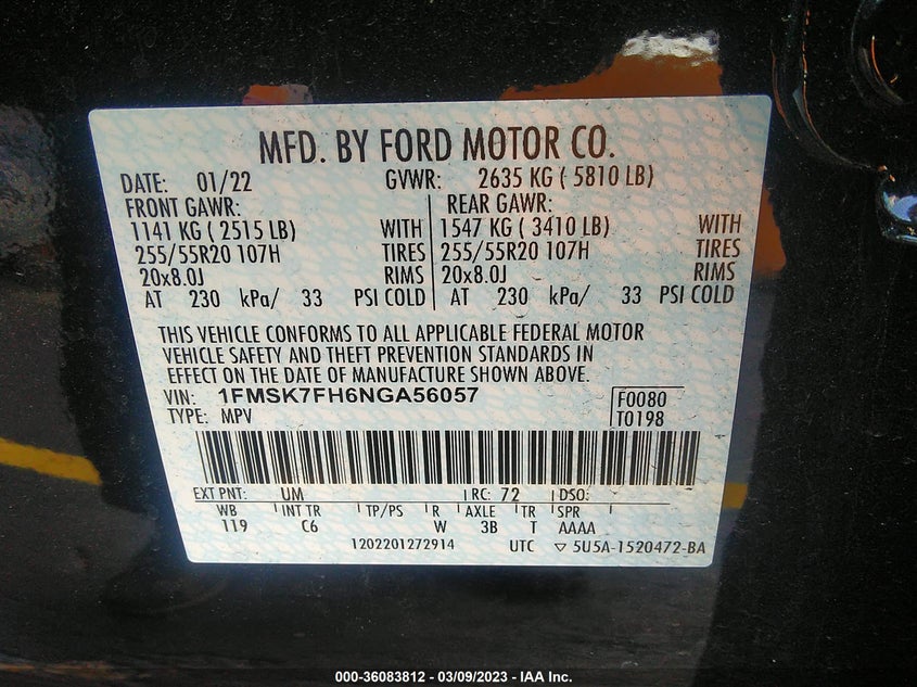 VIN 1FMSK7FH6NGA56057 2022 FORD EXPLORER LIMITED