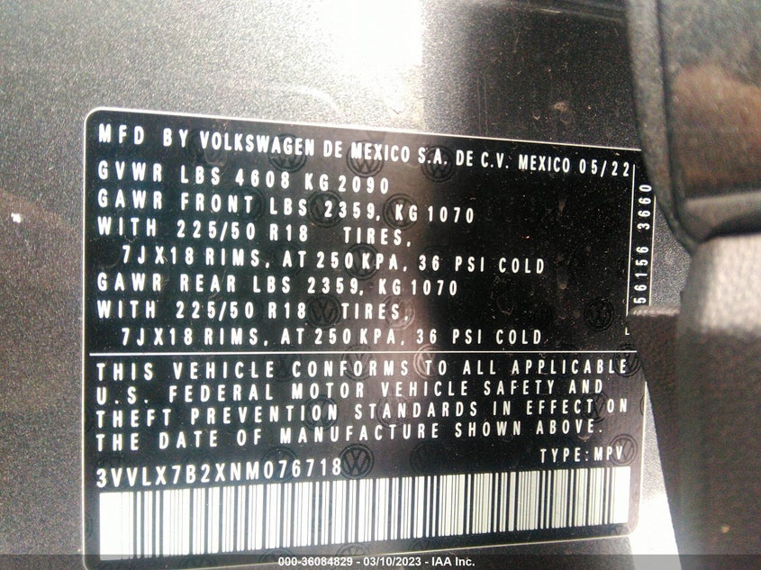 VIN 3VVLX7B2XNM076718 2022 VOLKSWAGEN TAOS SE