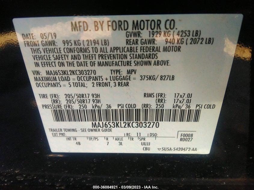 VIN MAJ6S3KL2KC303270 2019 FORD ECOSPORT TITANIUM
