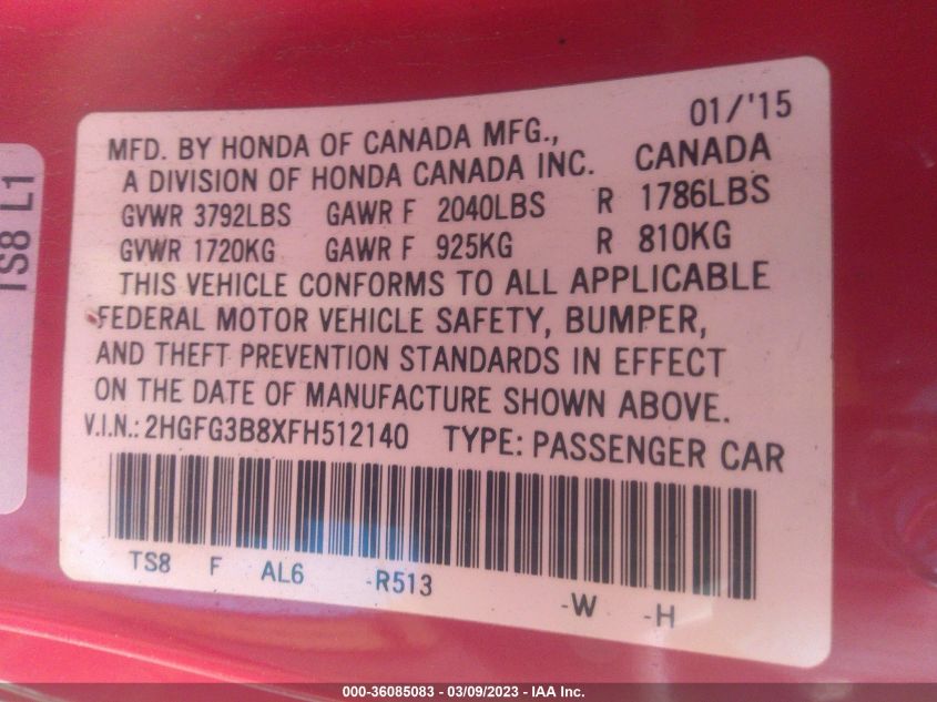 2015 HONDA CIVIC COUPE EX - 2HGFG3B8XFH512140