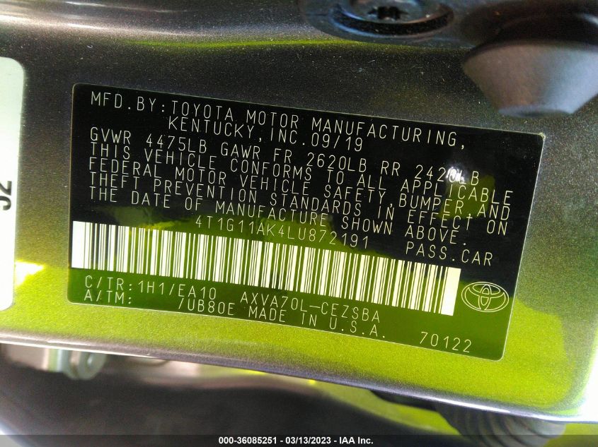 2020 TOYOTA CAMRY SE - 4T1G11AK4LU872191