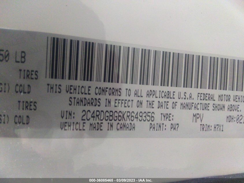 2019 DODGE GRAND CARAVAN SE - 2C4RDGBG6KR649356