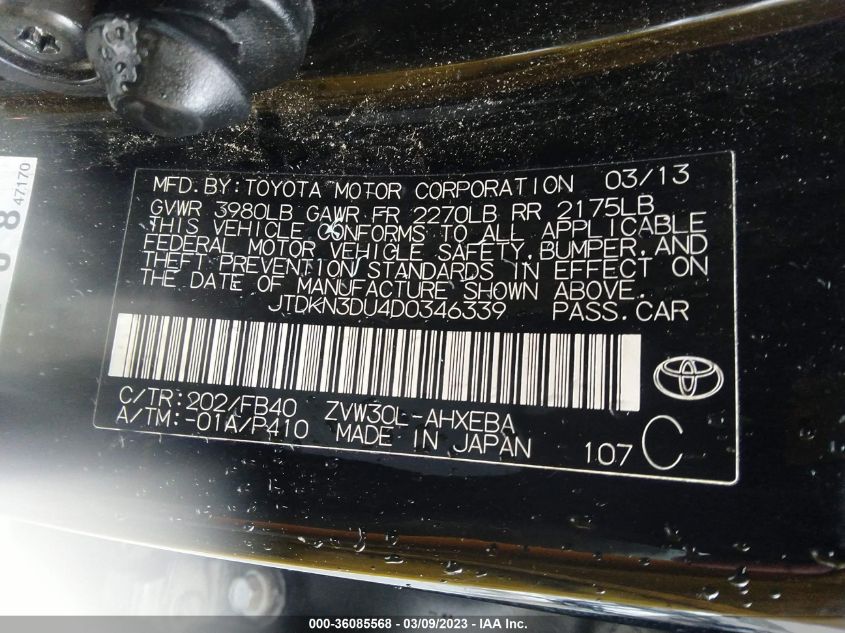 2013 TOYOTA PRIUS ONE/TWO/THREE/FOUR/FIVE - JTDKN3DU4D0346339