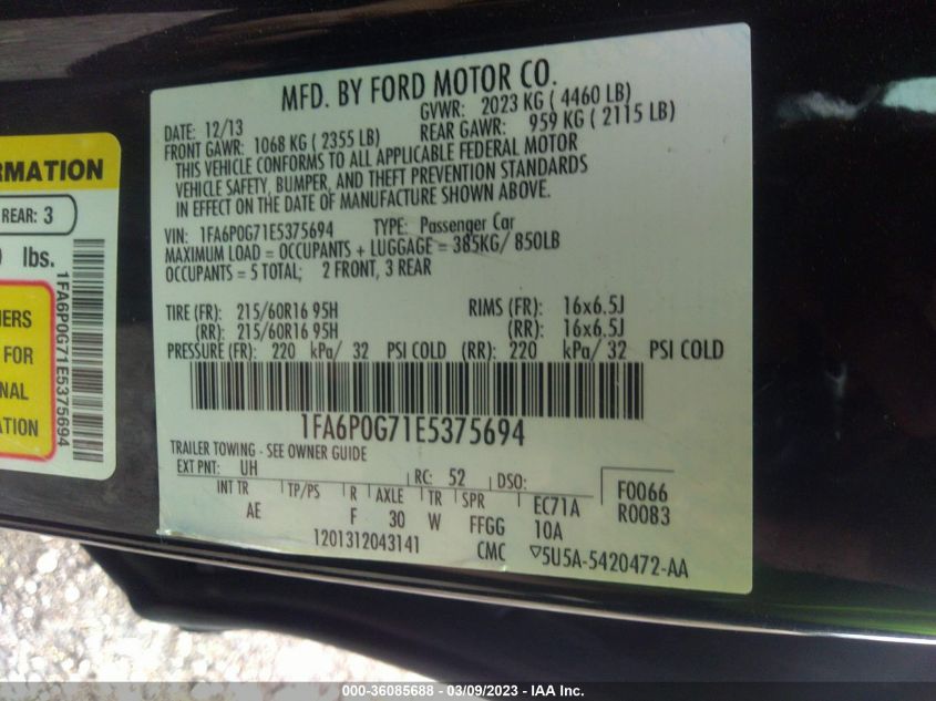 2014 FORD FUSION S - 1FA6P0G71E5375694