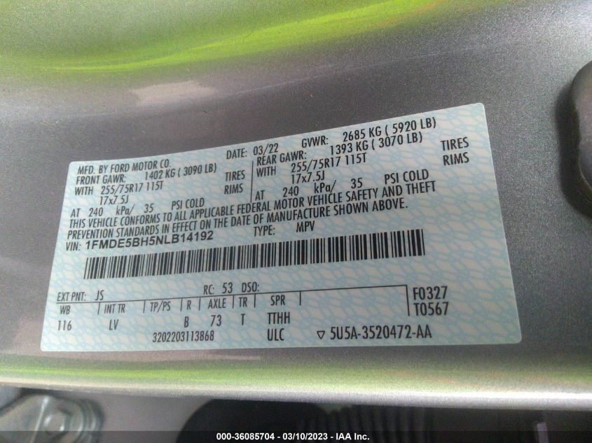 2022 FORD BRONCO BASE/BIG BEND - 1FMDE5BH5NLB14192