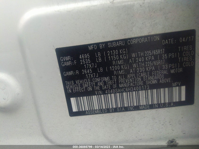 VIN 4S4BSAHC6H3400173 2017 SUBARU OUTBACK PREMIUM