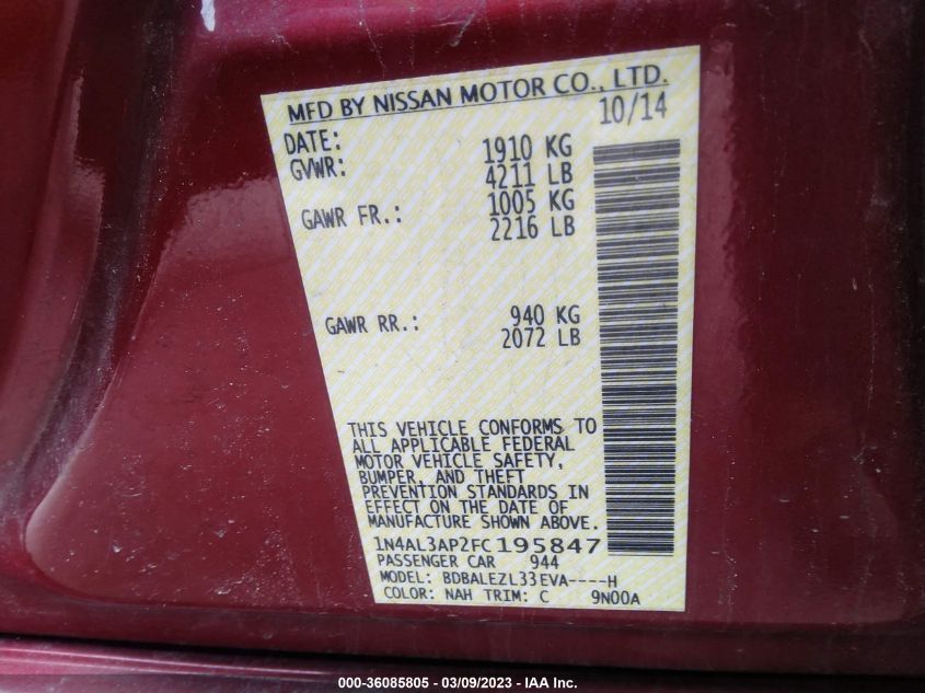 2015 NISSAN ALTIMA 2.5 S - 1N4AL3AP2FC195847