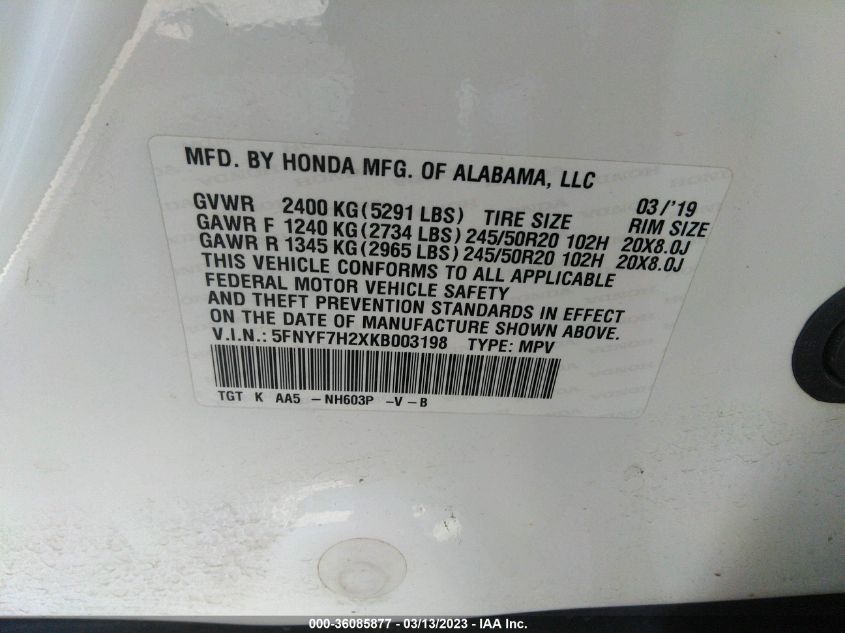 2019 HONDA PASSPORT SPORT - 5FNYF7H2XKB003198