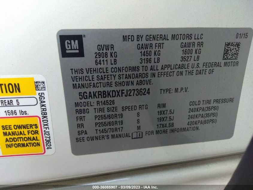 2015 BUICK ENCLAVE LEATHER - 5GAKRBKDXFJ273624