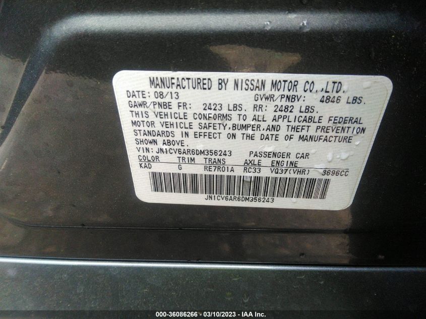 2013 INFINITI G37 SEDAN X - JN1CV6AR6DM356243