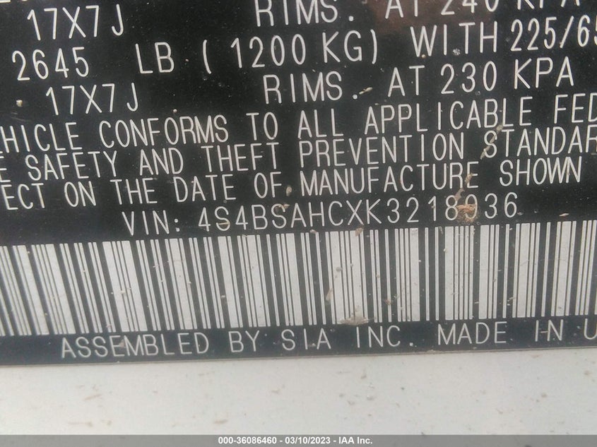 VIN 4S4BSAHCXK3218936 2019 SUBARU OUTBACK PREMIUM