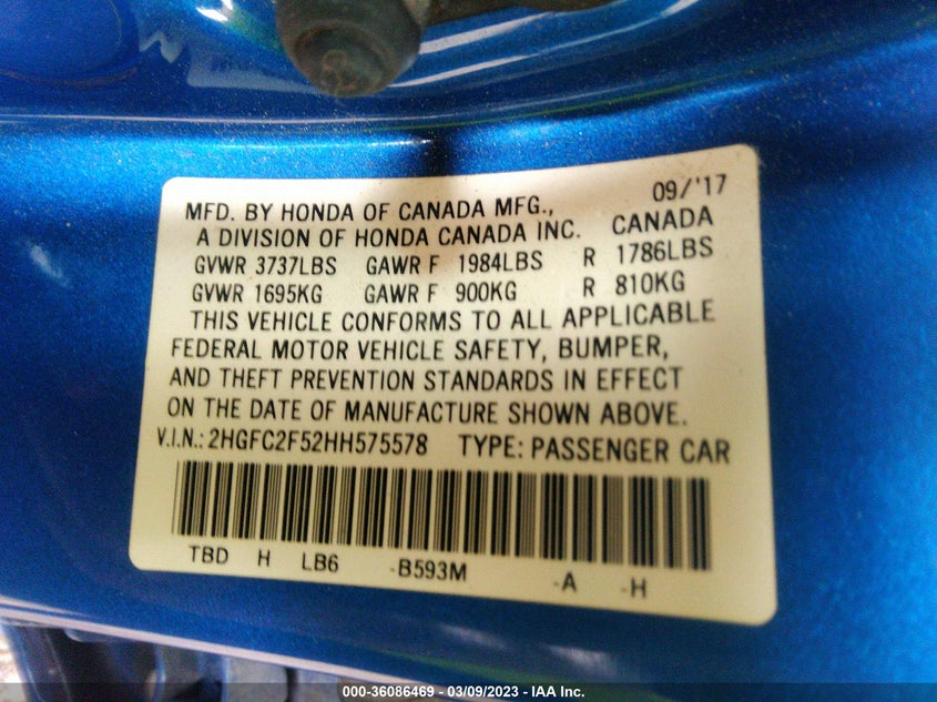 VIN 2HGFC2F52HH575578 2017 HONDA CIVIC SEDAN LX