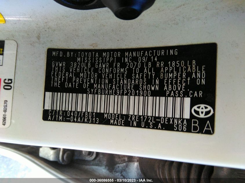 2015 TOYOTA COROLLA L/LE/S/S PLUS/LE PLUS - 5YFBURHE9FP201900