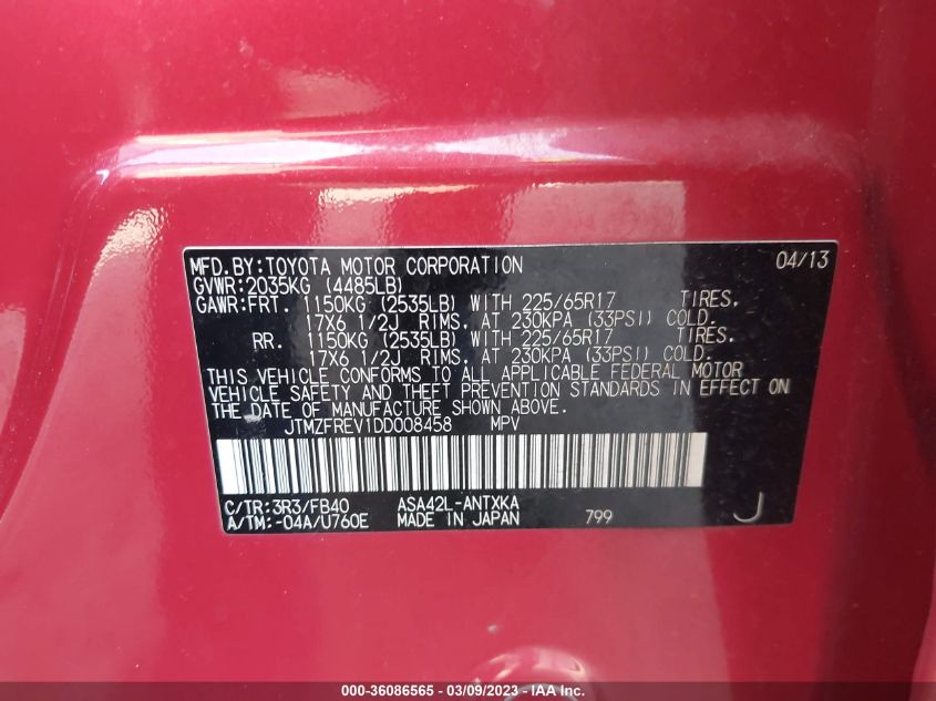 2013 TOYOTA RAV4 LE - JTMZFREV1DD008458