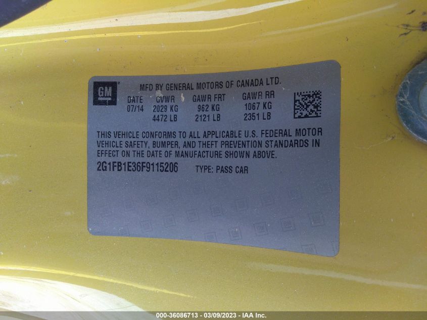 2015 CHEVROLET CAMARO LS - 2G1FB1E36F9115206