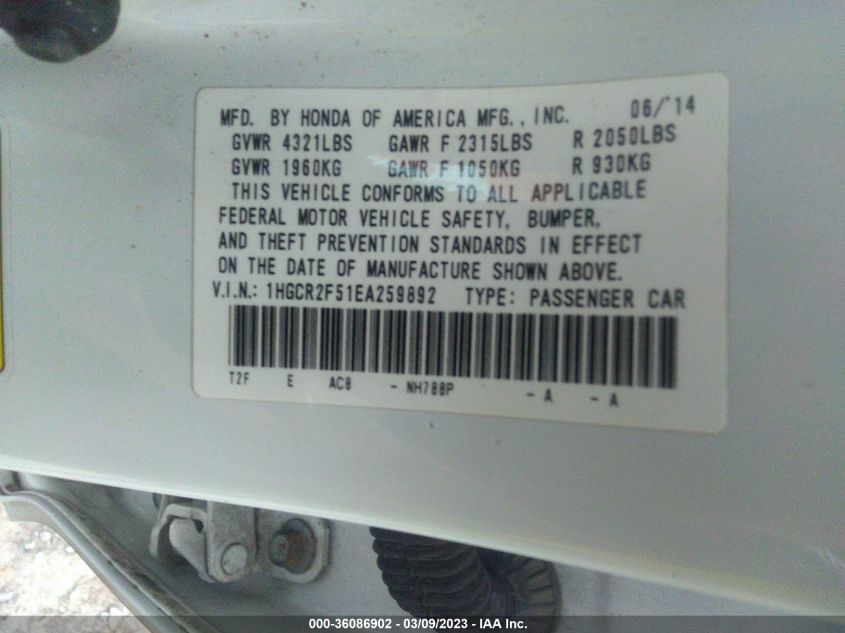 2014 HONDA ACCORD SEDAN SPORT - 1HGCR2F51EA259892