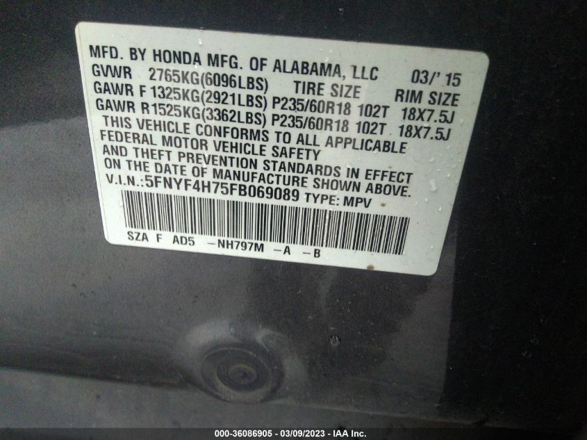 2015 HONDA PILOT EX-L - 5FNYF4H75FB069089