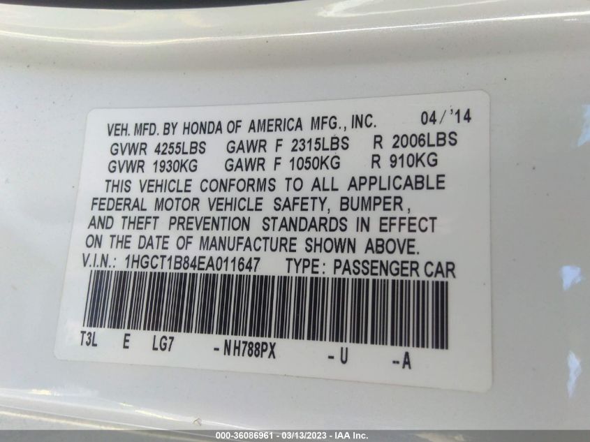 2014 HONDA ACCORD COUPE EX-L 1HGCT1B84EA011647