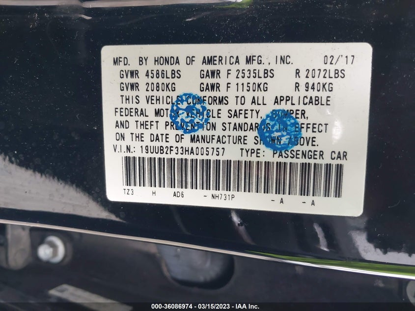 VIN 19UUB2F33HA005757 2017 ACURA TLX V6
