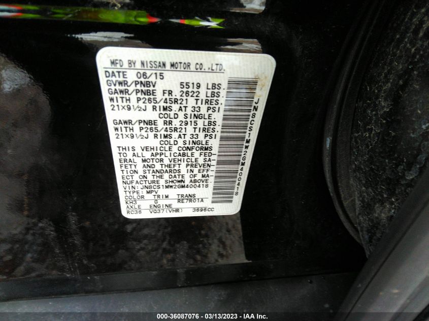 2016 INFINITI QX70 JN8CS1MW2GM400418