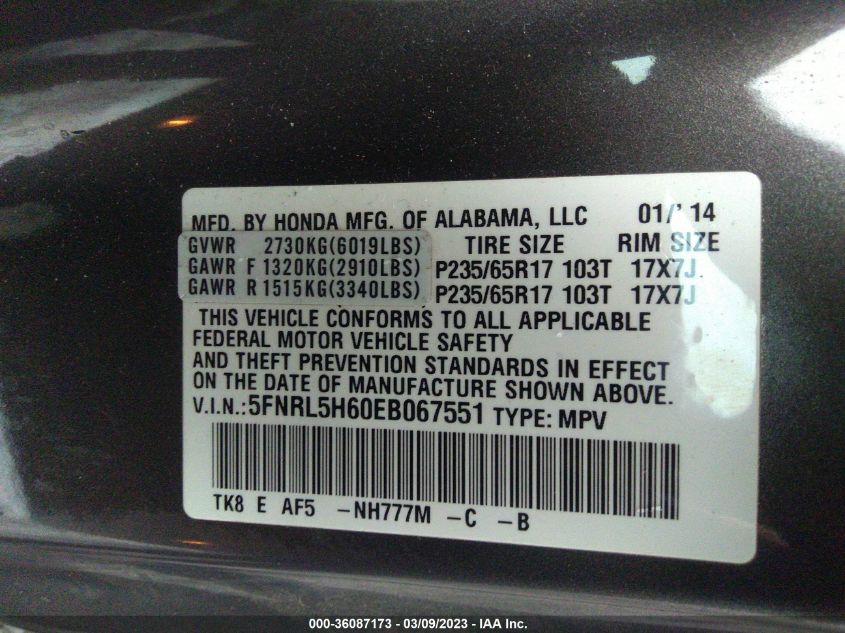 2014 HONDA ODYSSEY EX-L - 5FNRL5H60EB067551