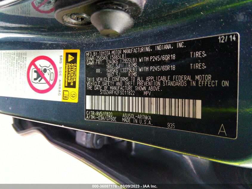 2015 TOYOTA HIGHLANDER LE - 5TDZARFH2FS011822