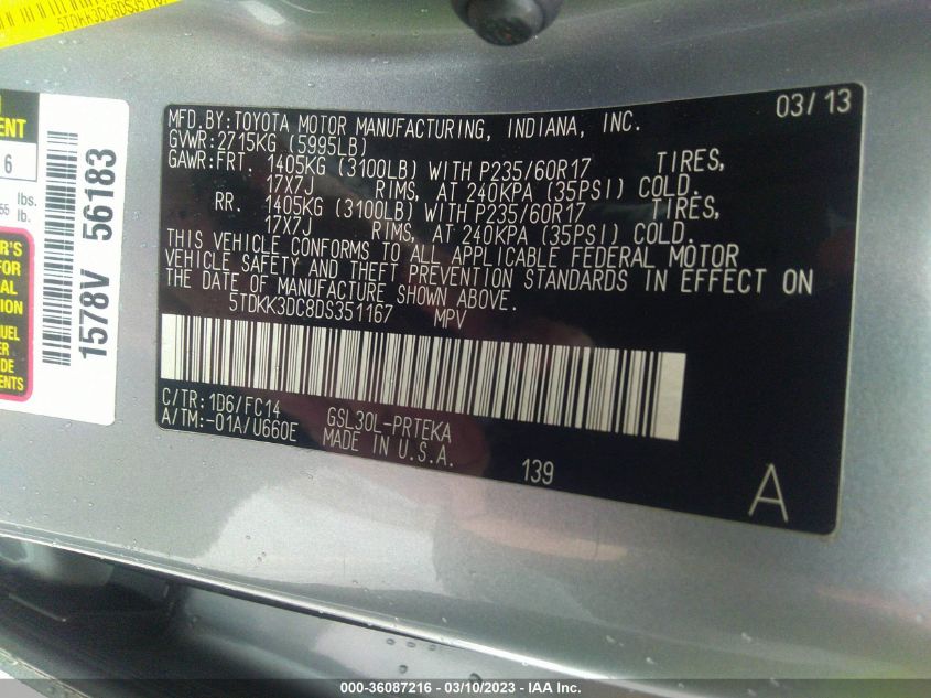 2013 TOYOTA SIENNA LE - 5TDKK3DC8DS351167