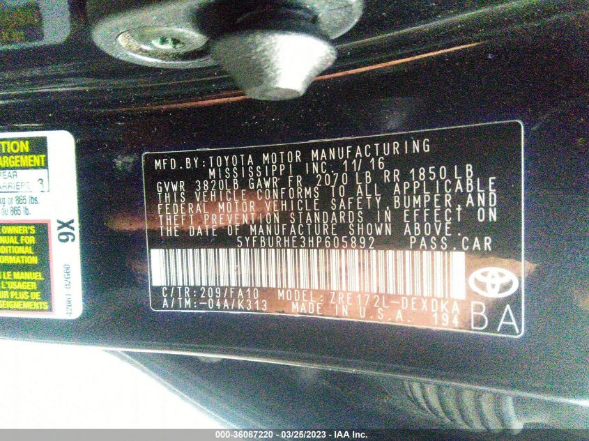 2017 TOYOTA COROLLA L/LE/XLE/SE - 5YFBURHE3HP605892