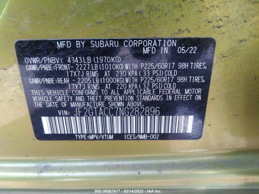 2022 SUBARU CROSSTREK PREMIUM - JF2GTACC7NG282896