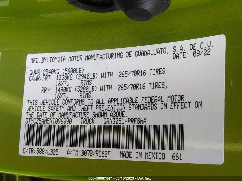 2022 TOYOTA TACOMA 4WD SR/SR5/TRD SPORT - 3TYCZ5AN5NT096890
