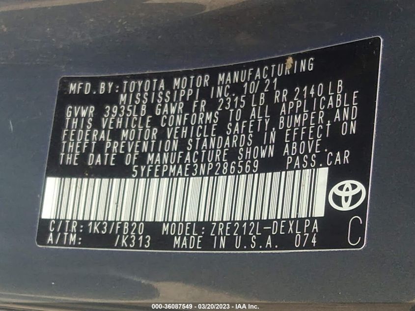 5YFEPMAE3NP286569 Toyota Corolla LE 9