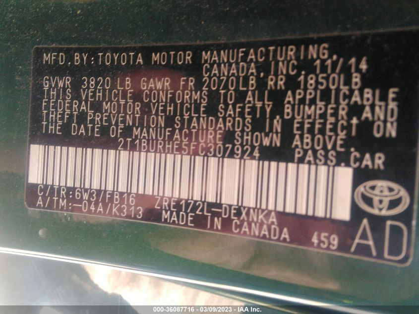2015 TOYOTA COROLLA L/LE/S/S PLUS/LE PLUS - 2T1BURHE5FC307924