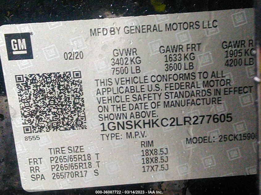 2020 CHEVROLET SUBURBAN LT - 1GNSKHKC2LR277605