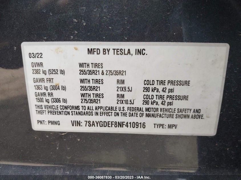 VIN 7SAYGDEF8NF410916 2022 TESLA MODEL Y PERFORMANCE