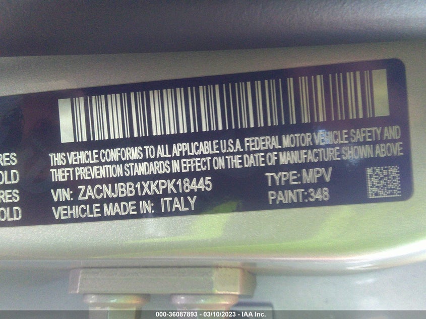 VIN ZACNJBB1XKPK18445 2019 JEEP RENEGADE ALTITUDE