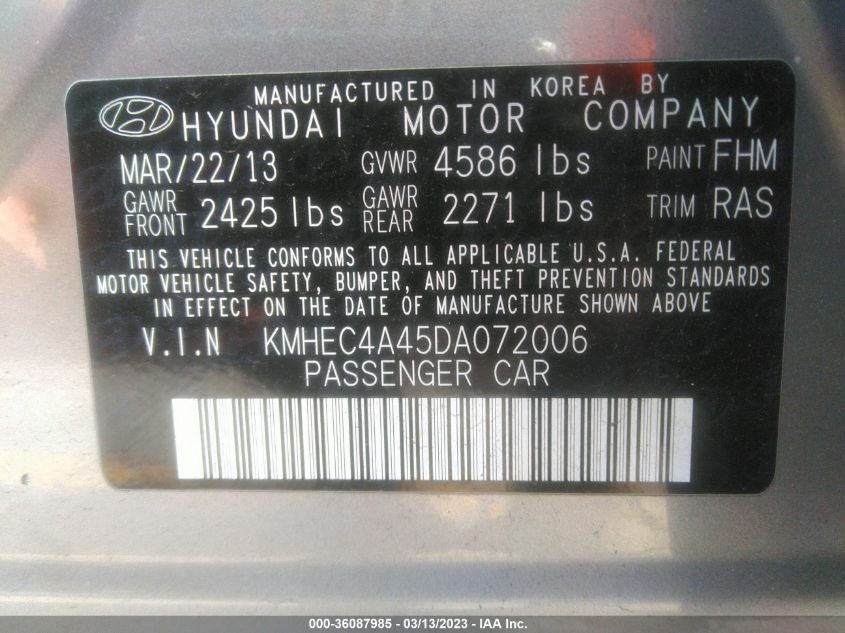 2013 HYUNDAI SONATA HYBRID LIMITED - KMHEC4A45DA072006