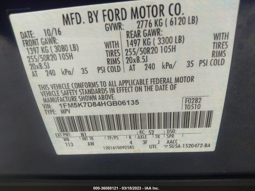 2017 FORD EXPLORER XLT - 1FM5K7D84HGB06135