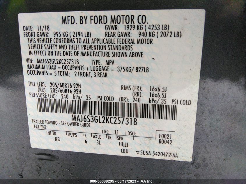 2019 FORD ECOSPORT SE - MAJ6S3GL2KC257318