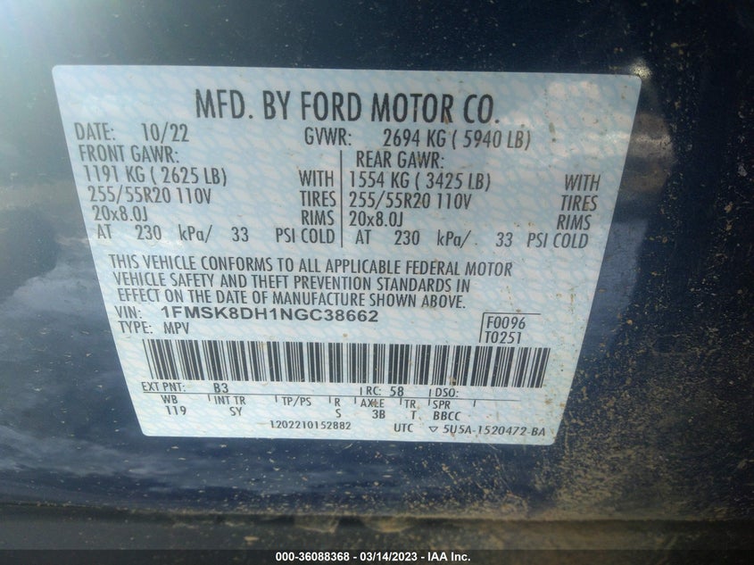 VIN 1FMSK8DH1NGC38662 2022 FORD EXPLORER XLT