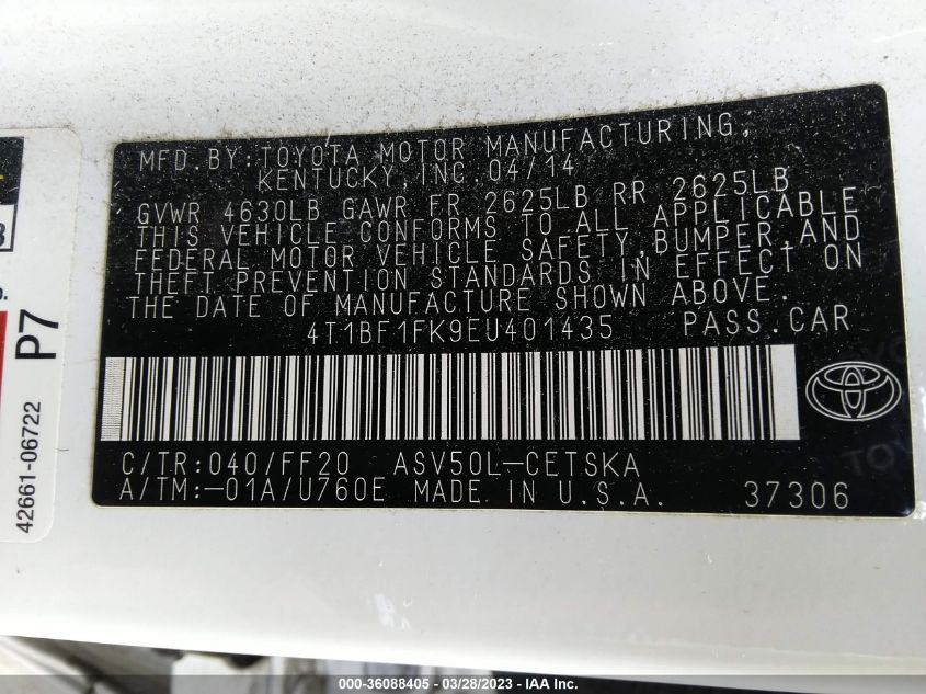 2014 TOYOTA CAMRY L/LE/XLE/SE/SE SPORT - 4T1BF1FK9EU401435