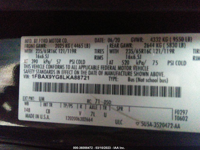 2020 FORD TRANSIT PASSENGER WAGON XL/XLT 1FBAX9YG8LKA88721