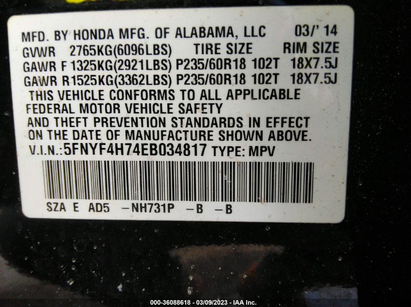 2014 HONDA PILOT EX-L - 5FNYF4H74EB034817