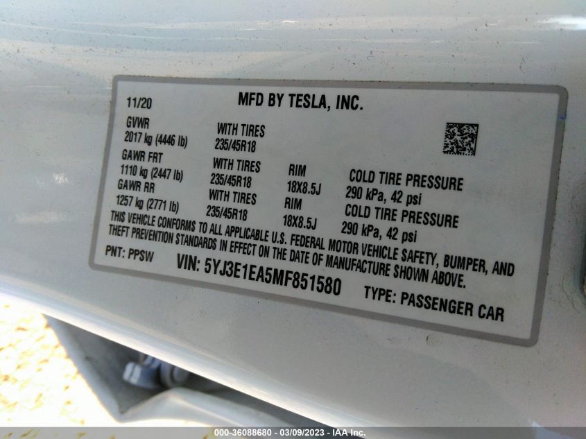 2021 TESLA MODEL 3 STANDARD RANGE PLUS - 5YJ3E1EA5MF851580