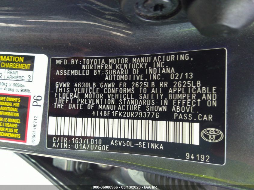 2013 TOYOTA CAMRY L/LE/SE/XLE - 4T4BF1FK2DR293776