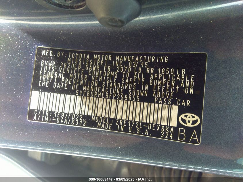 2015 TOYOTA COROLLA L/LE/S/S PLUS/LE PLUS - 5YFBURHE9FP298855