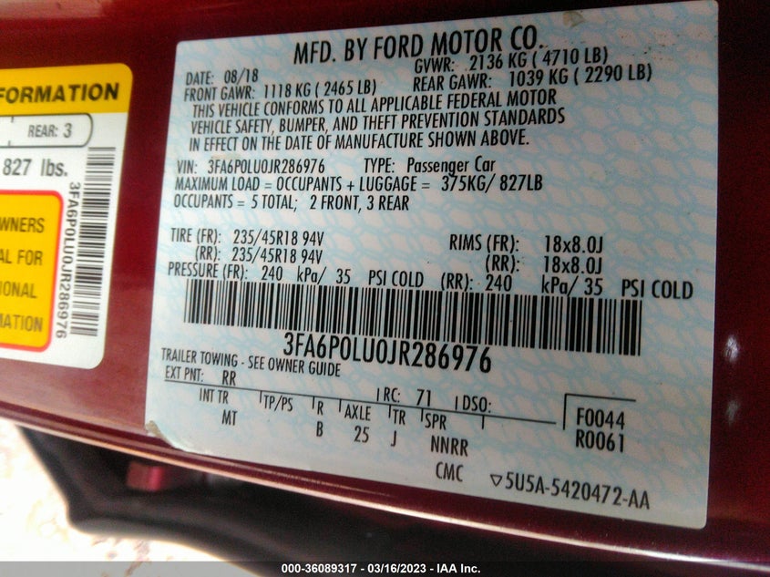 VIN 3FA6P0LU0JR286976 2018 FORD FUSION HYBRID SE